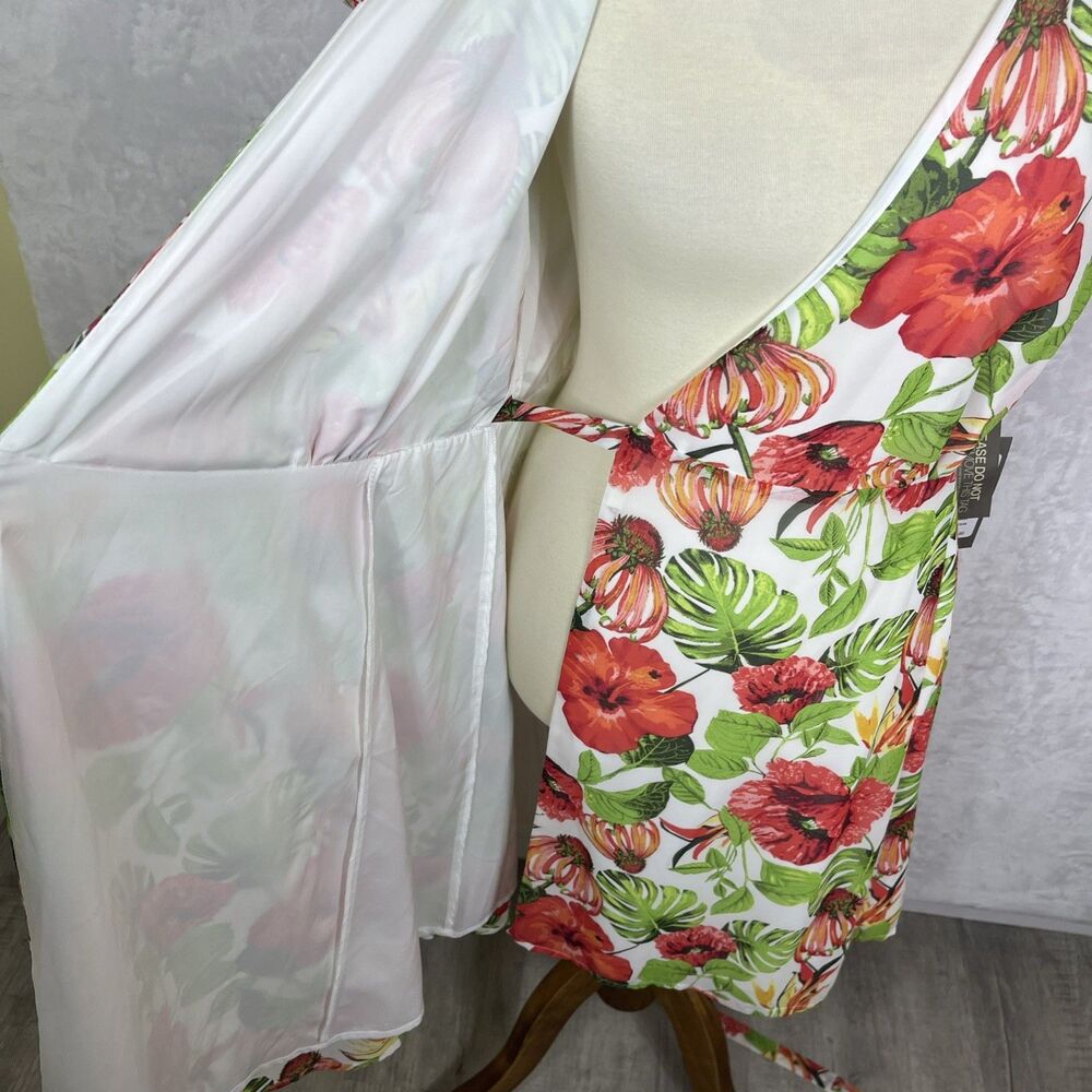 Eva Mendes Wrap Around Dress Hibiscus Monstera Green Red Size Medium NEW - Picture 6 of 9